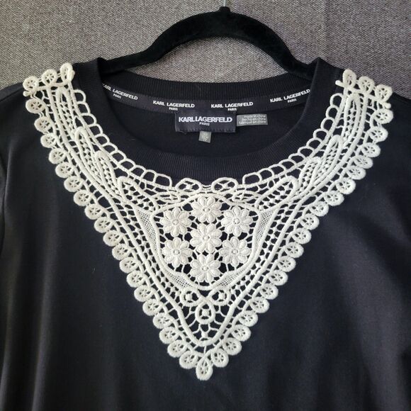 Karl Lagerfeld XS Black White Crochet Neckline Long-sleeved Shirt Blouse 826 - Picture 3 of 9